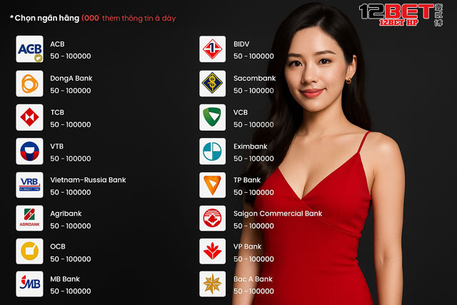 Các ngân hàng mà cổng nạp tiền 12bet trực tuyến hỗ trợ